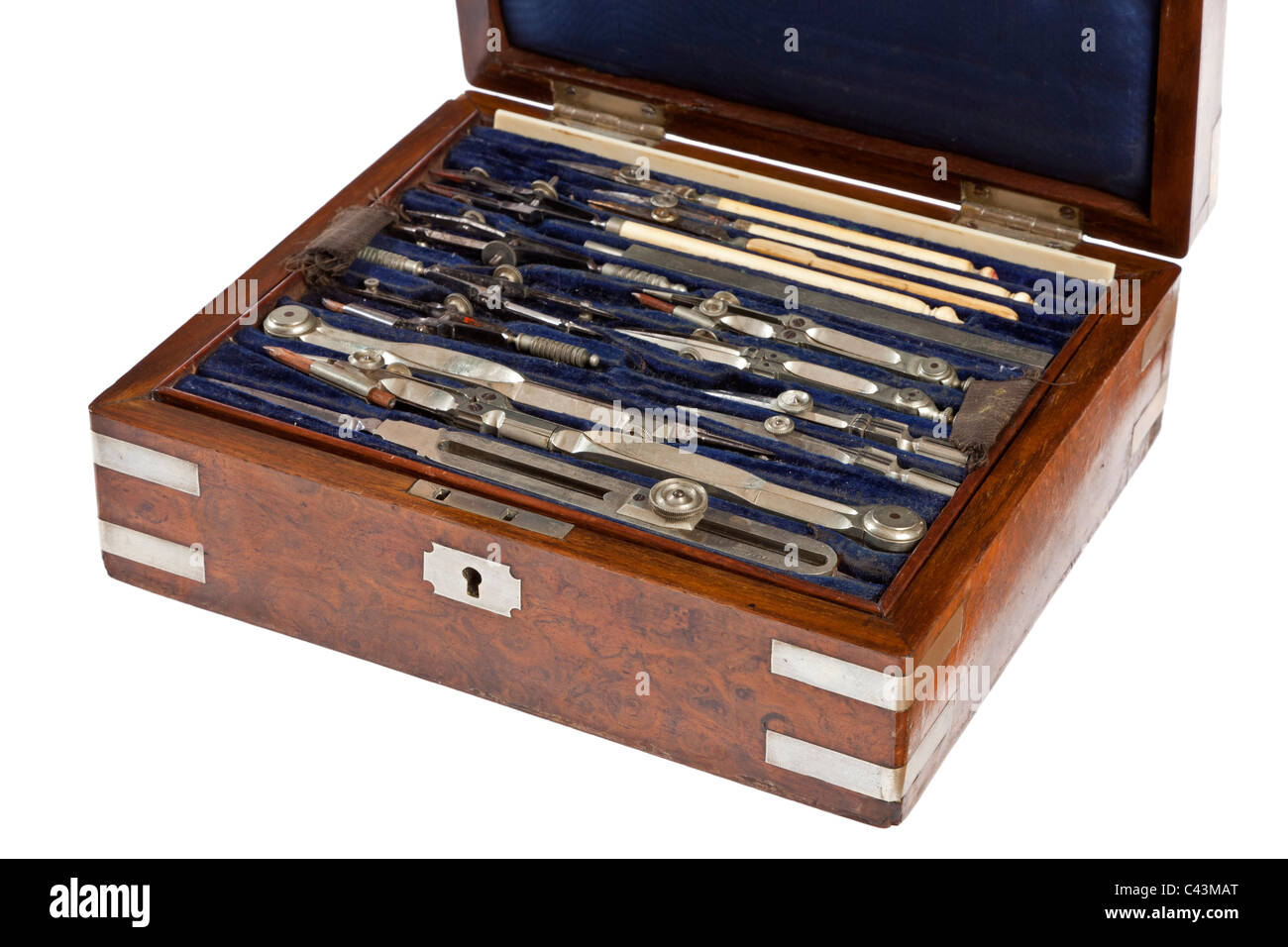 Set of antique drawing instruments in burr walnut cabinet JMH4938 Stock Photo