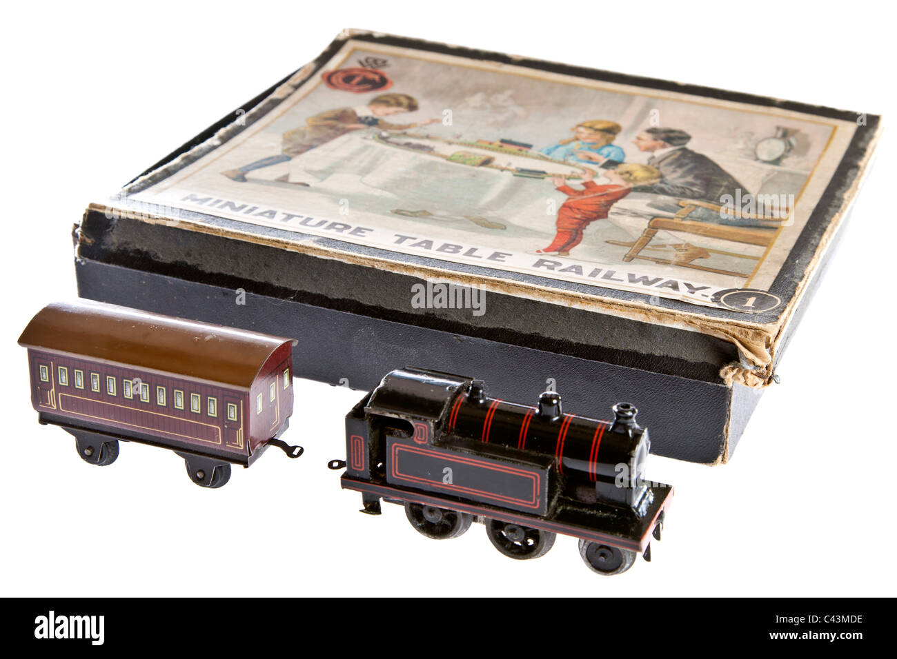 The clockwork Bing Miniature Table Railway was the world's first 00 gauge toy train set introduced in 1922. JMH4942 Stock Photo