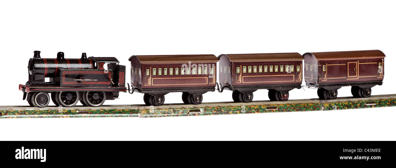The clockwork Bing Miniature Table Railway was the world's first 00 gauge toy train set introduced in 1922. JMH4944 Stock Photo