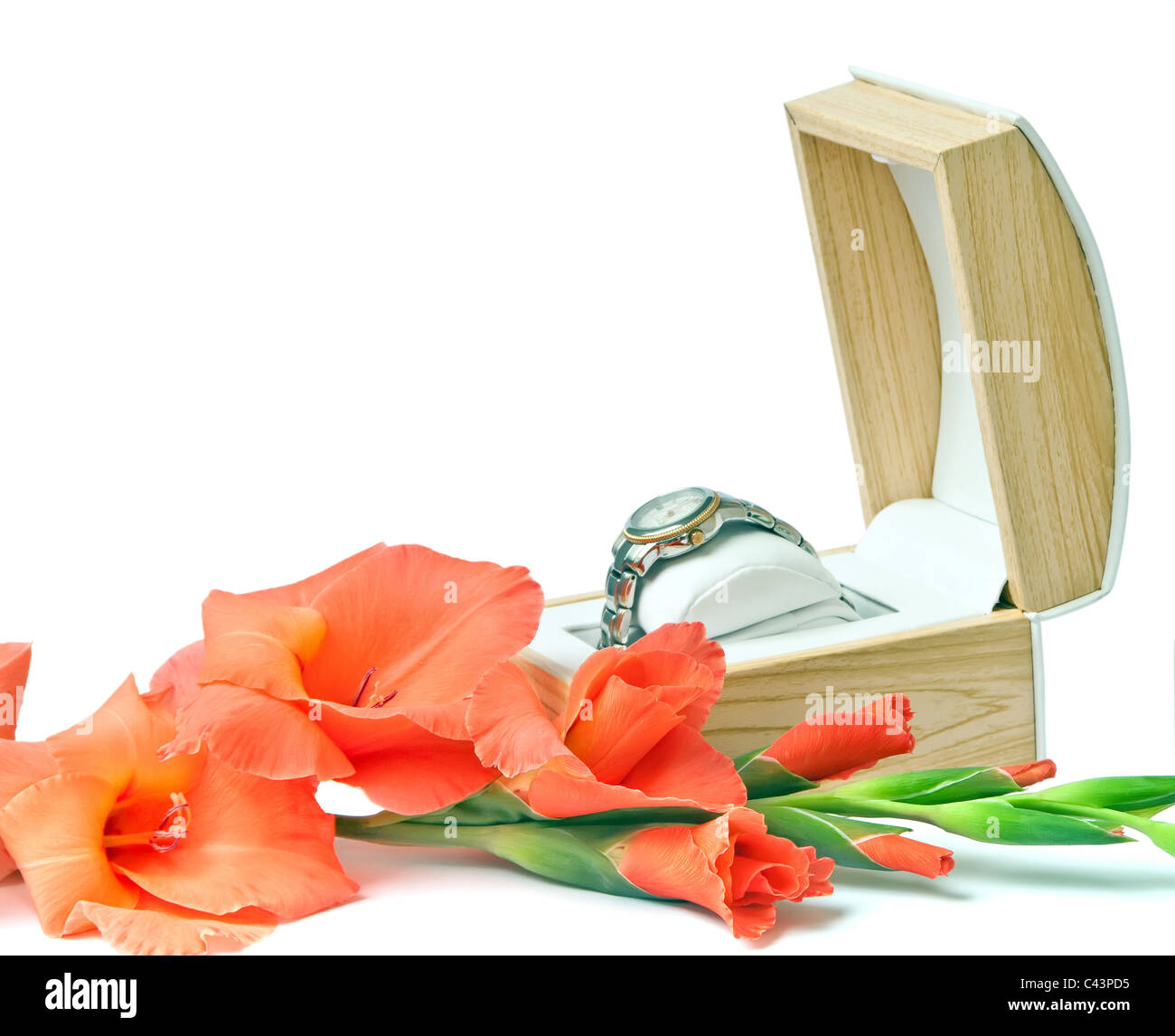Gift set - women's watches and gladiolus. Stock Photo