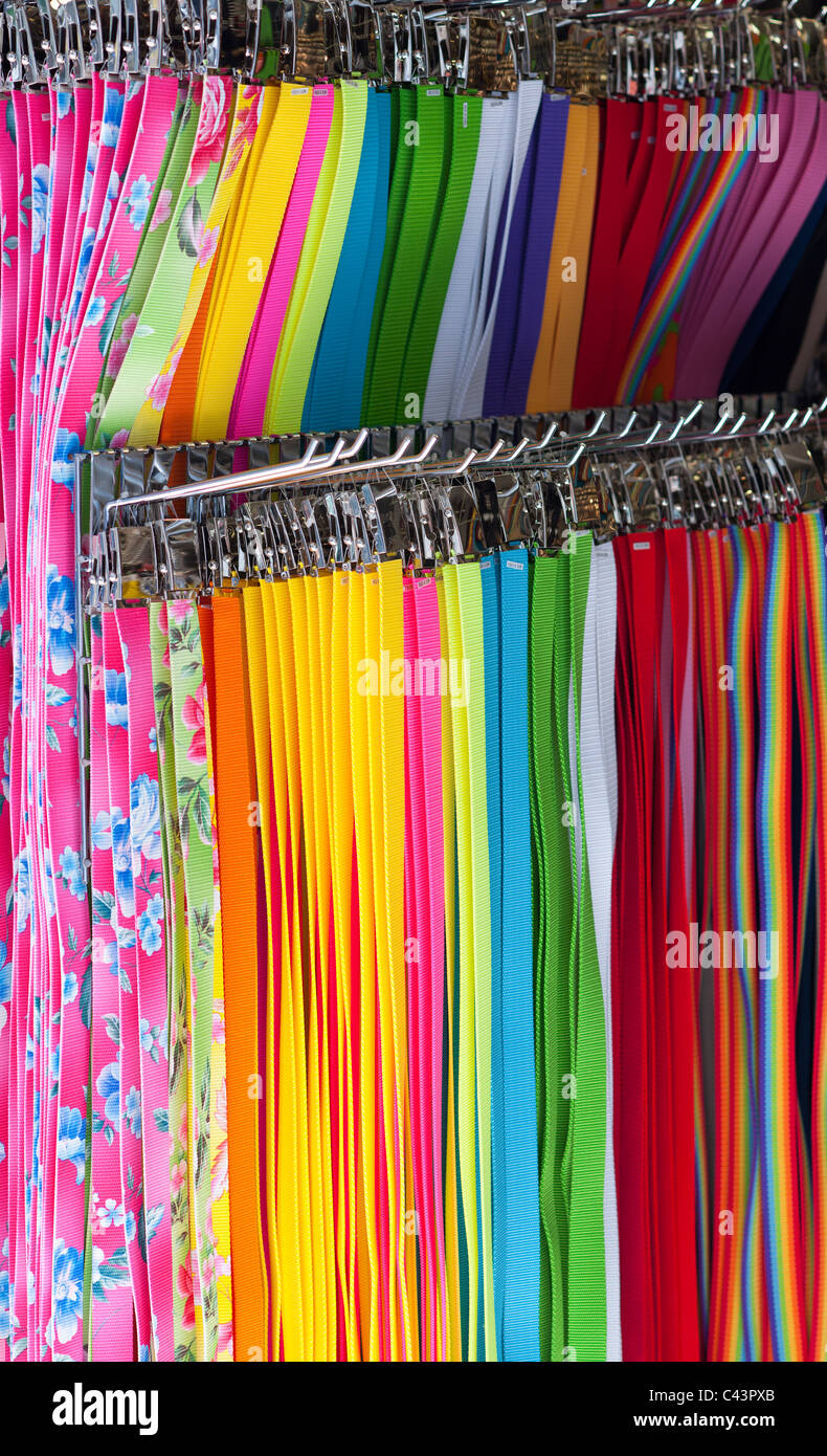 A wholesaler in midtown Manhattan in New York on Friday, May 27, 2011 displays their collection of colorful belts Stock Photo