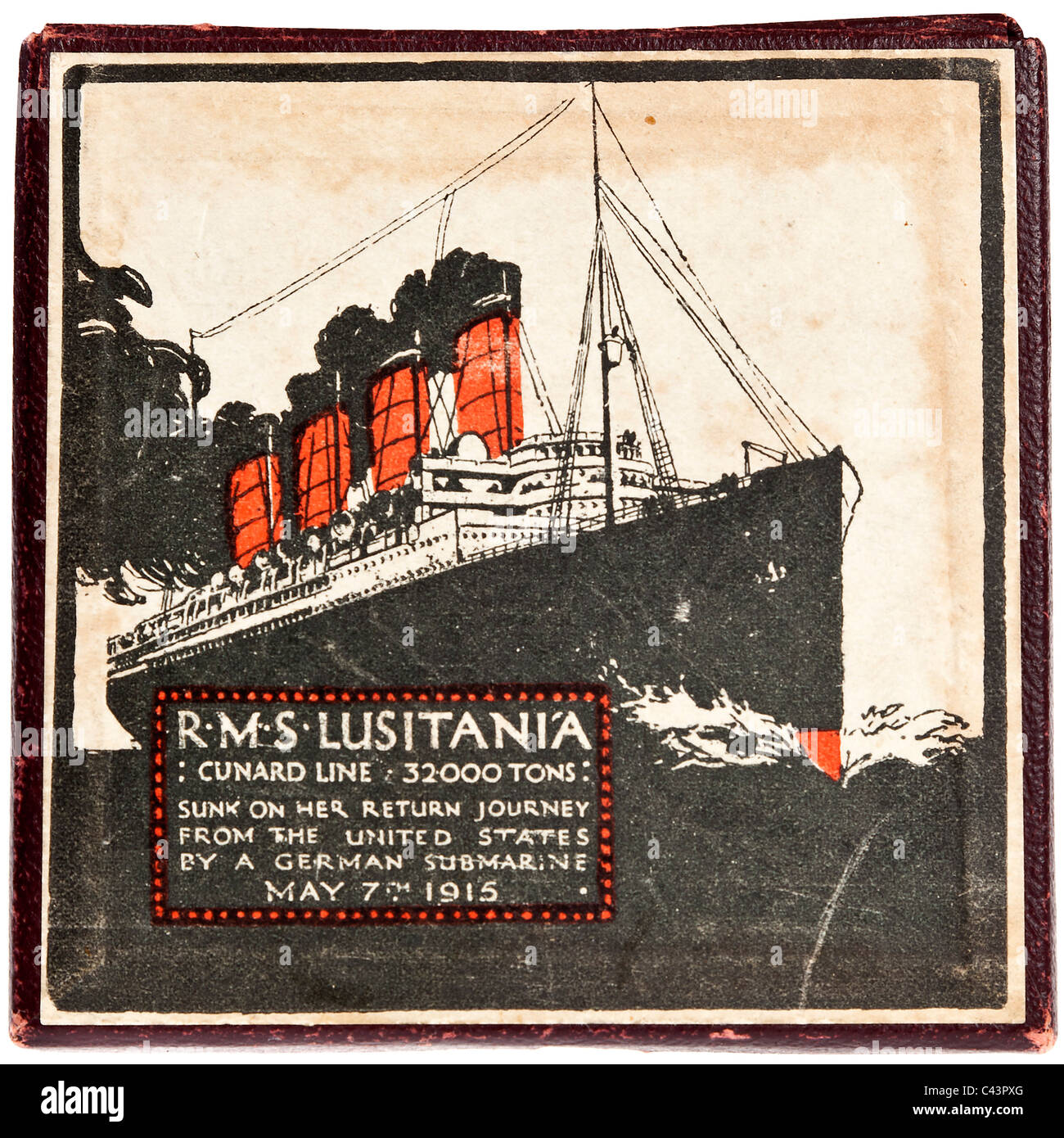 Lid of box containing cast iron propaganda medal of sinking of Cunard liner Lusitania by a German U Boat on 7 May 1915 JMH4947 Stock Photo