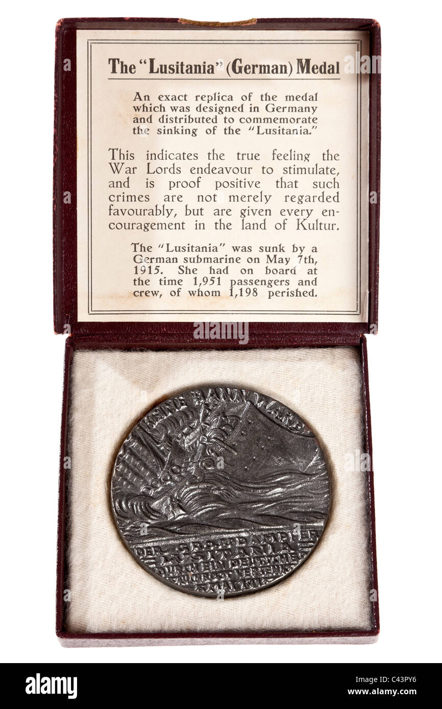 Interior box containing cast iron propaganda medal of sinking of Cunard liner Lusitania by a German U Boat on 7 May 1915 JMH4948 Stock Photo