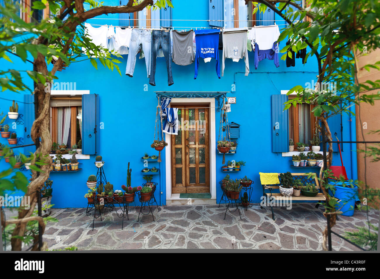 Burano, Island, Venice, colorful, houses, Europe, Italy, laundry day, laundry, drying, lively, outdoors, outside, Venezia, wash Stock Photo