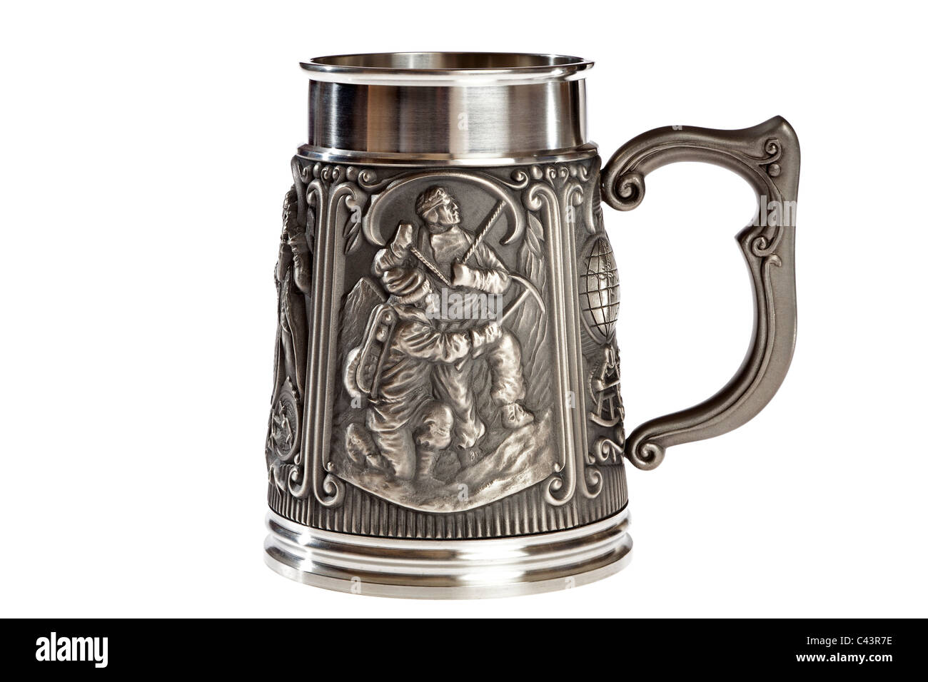 Edmund Hillary and Sherpa Tenzing Norgay portrayed Royal Geographical Society sesquicentennial pewter tankard 1830-1980 JMH4958 Stock Photo