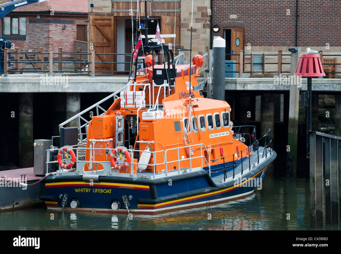The Whitby lifeboat the 'George and Mary Webb' sitting in Whitby Harbour. Stock Photo