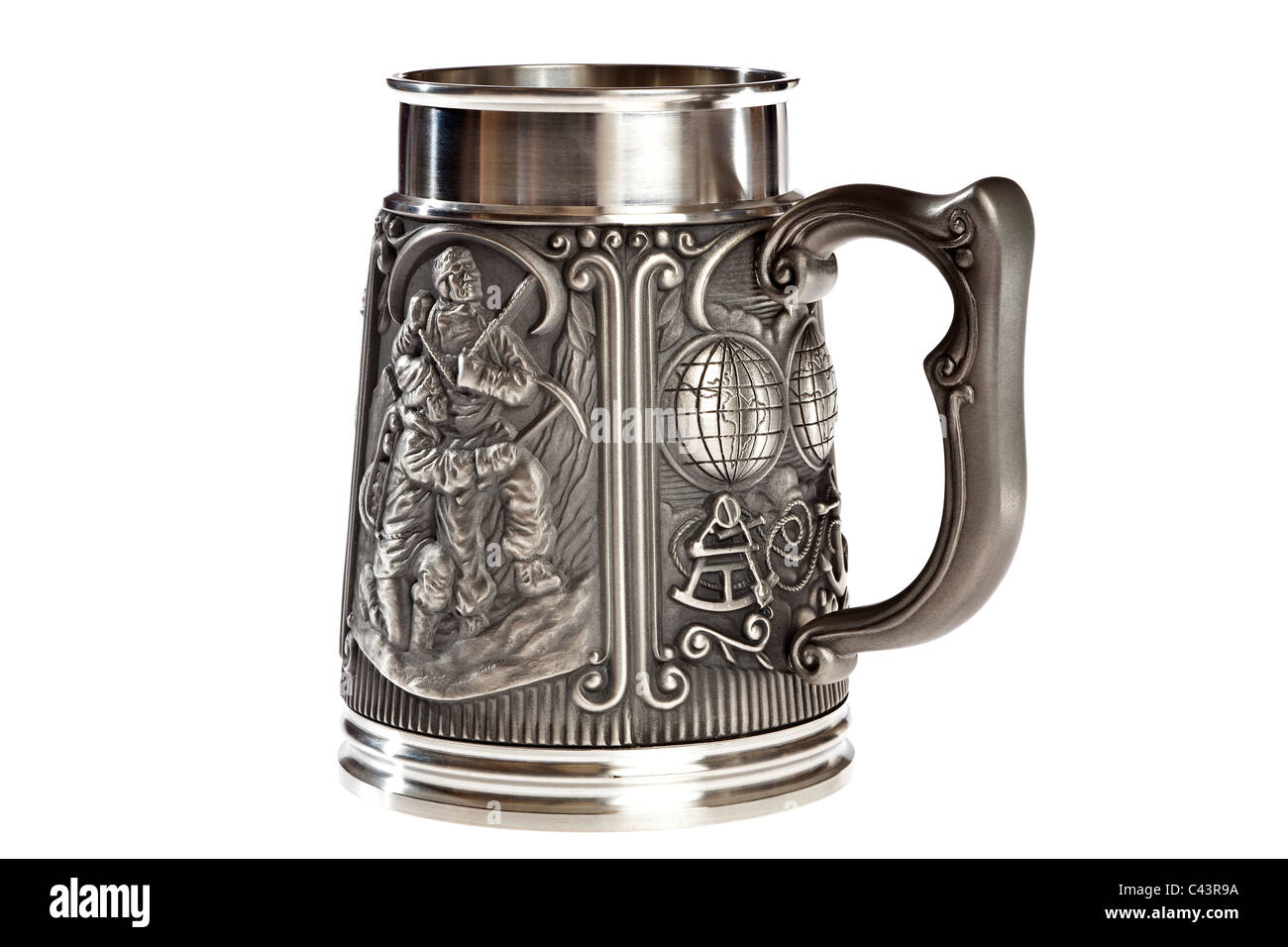 Edmund Hillary and Sherpa Tenzing Norgay portrayed Royal Geographical Society sesquicentennial pewter tankard 1830-1980 JMH4961 Stock Photo
