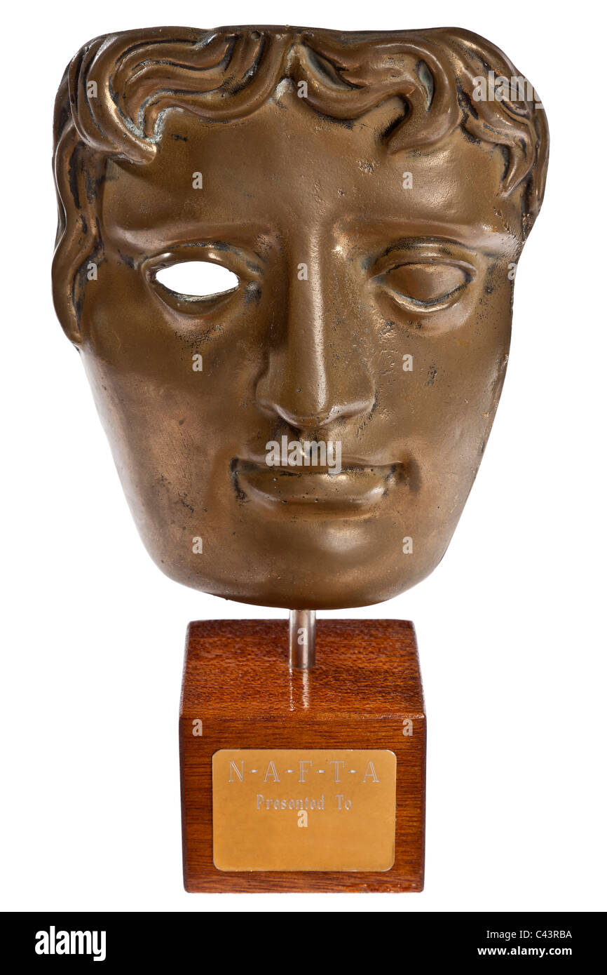 'NAFTA' statuette similar to a BAFTA Award mask produced as a spoof prop for a satirical television programme JMH4965 Stock Photo