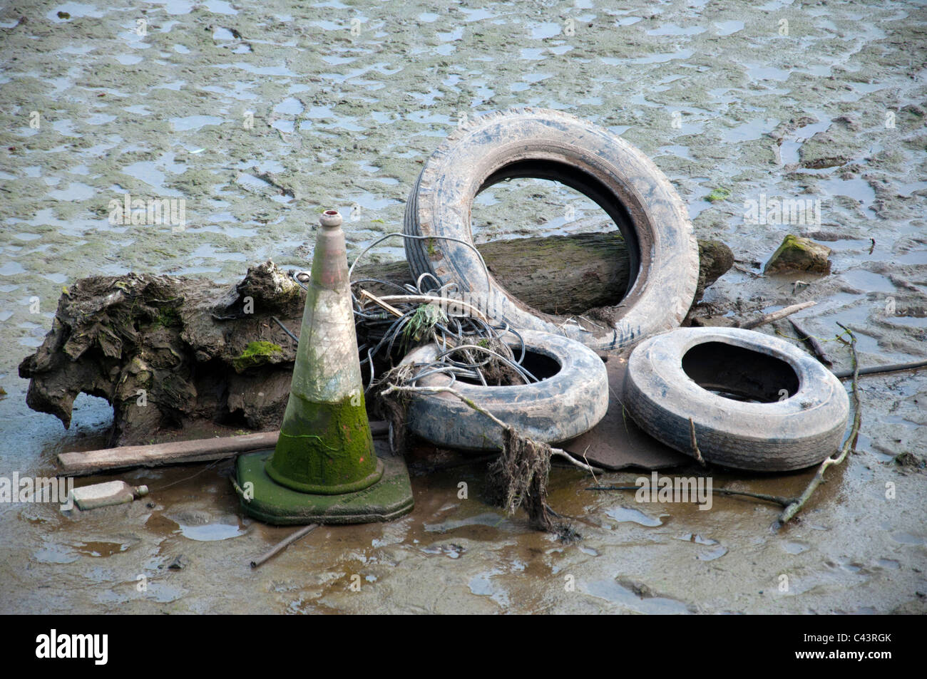 Flotsam and jetsam showing at high tide on the river Leven Stock Photo