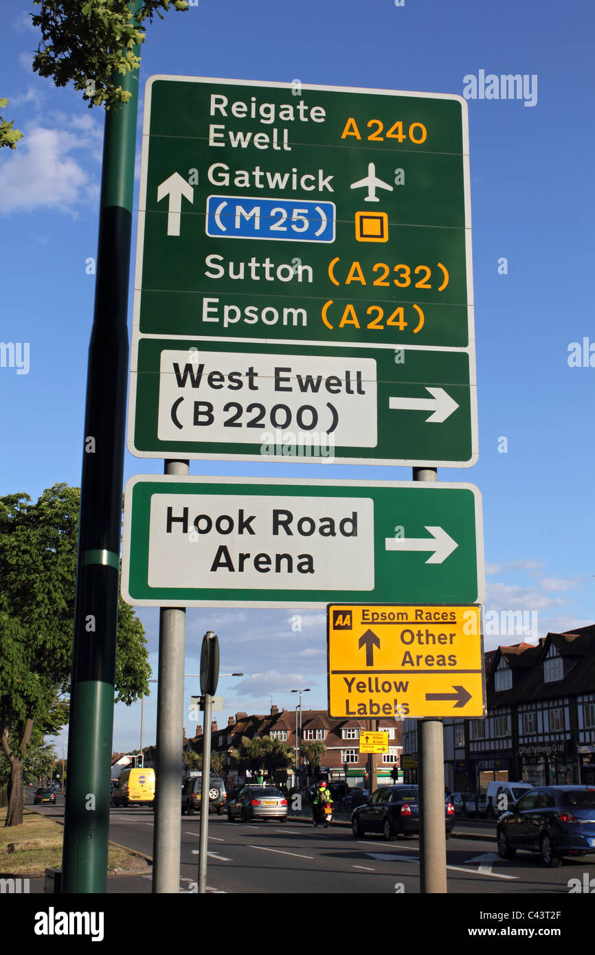 Road sign on the A240 Kingston Road with directions to Epsom Races