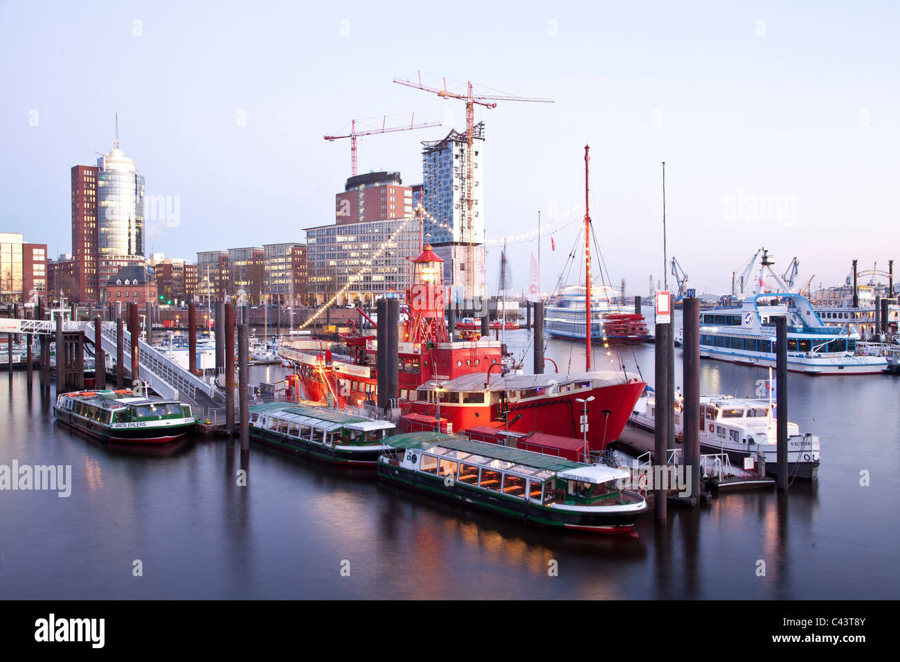 Germany, Elbe, light ship, harbour, port, harbour city, port, Hamburg, Hanseatic town, ship, Skyline Stock Photo