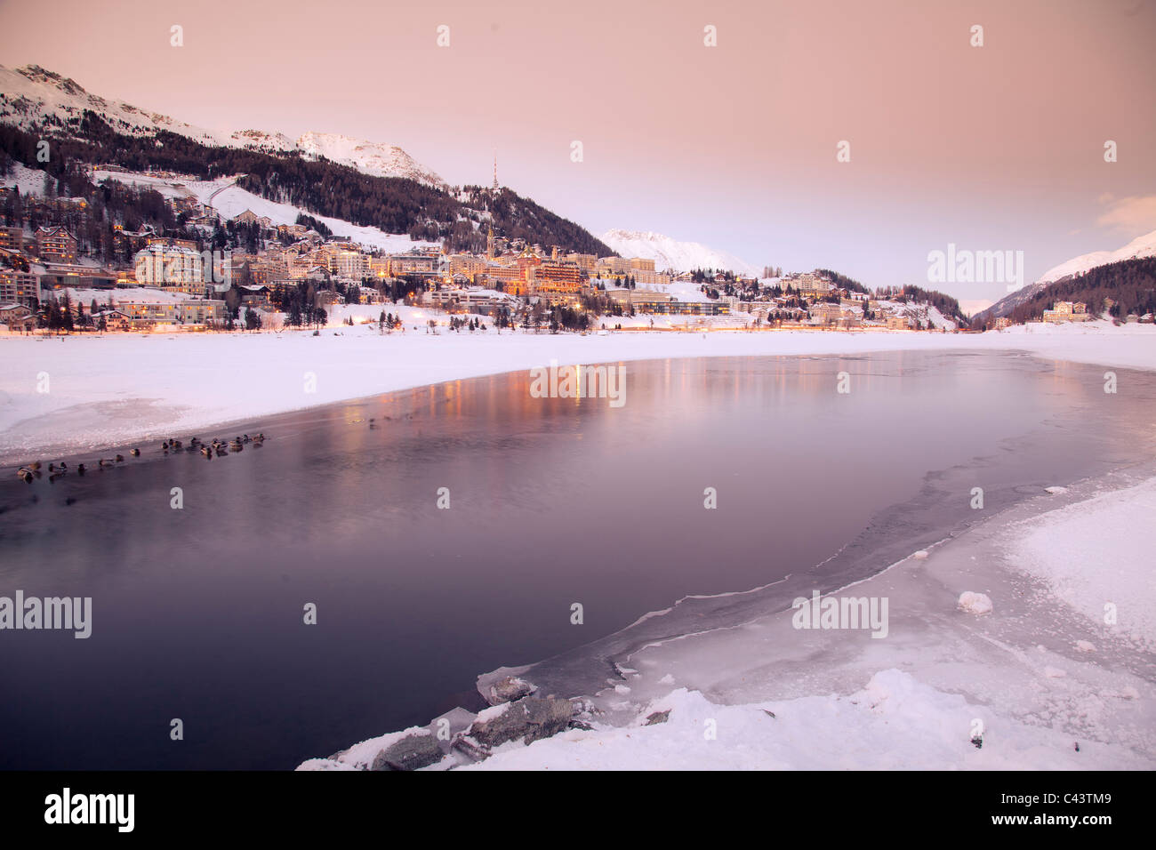 Evening light, evening mood, evening, Engadin, Graubunden, Grisons, hotel, Kulm, luxury, Palace, Switzerland, Europe, St. Moritz Stock Photo