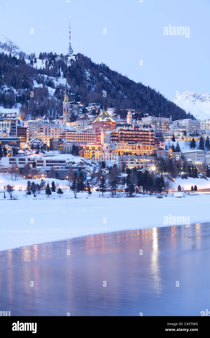Evening light, evening mood, evening, Engadin, Graubunden, Grisons, hotel, Kulm, luxury, Palace, Switzerland, Europe, St. Moritz Stock Photo
