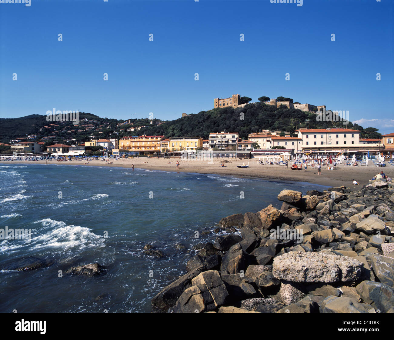 View of Castiglione della Pescaia with the medieval fortress and the seafront, Tuscany, Italy Stock Photo