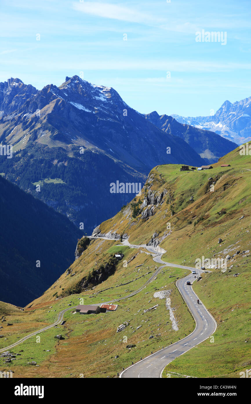 Travel, Nature, Geography, Europe, Switzerland, Uri, Schachen, Valley, Klausen, Pass, Transportation, Swiss Alps, Mountain, Road Stock Photo