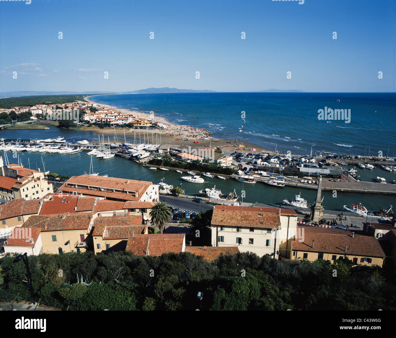 View of Castiglione della Pescaia with the mouth of the rvier Bruna, the marina and the beach, Tuscany, Italy Stock Photo