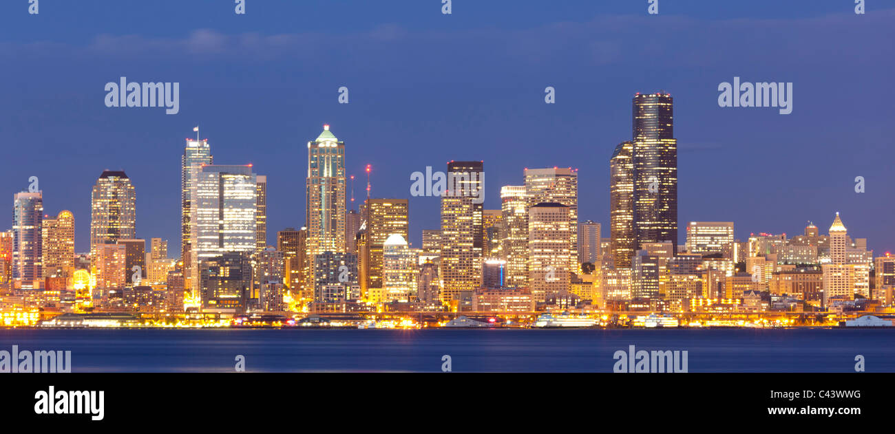 Seattle Skyline from Alki Beach at Dusk, USA Stock Photo