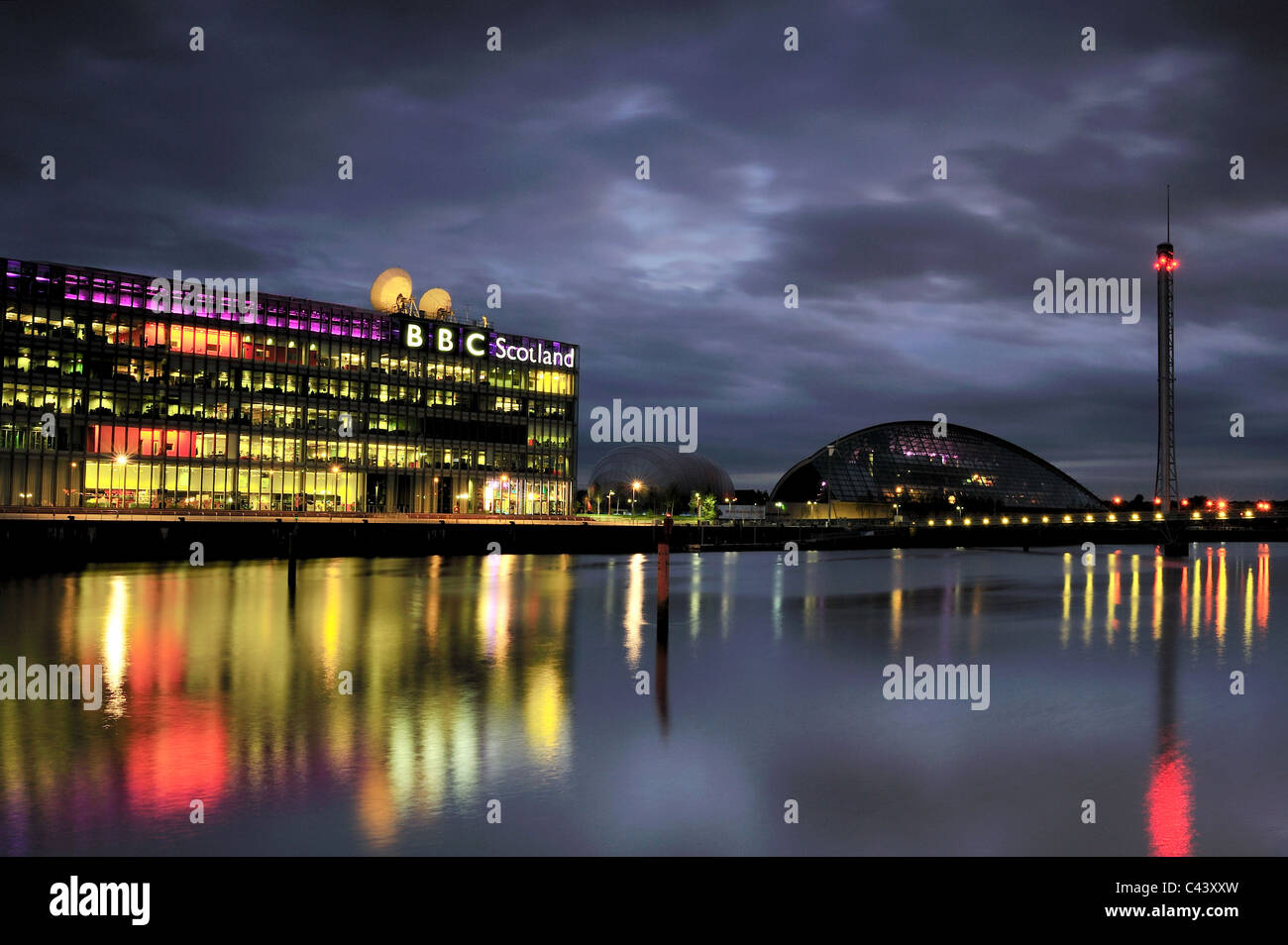 BBC building and Glasgow Science Centre at night Stock Photo Alamy