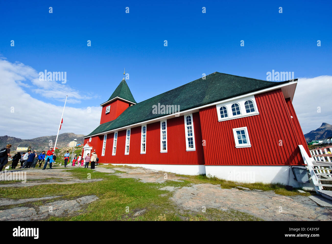 Greenland, Europe, Sisimiut, town, city, west coast, church, red, architecture, person, persons Stock Photo