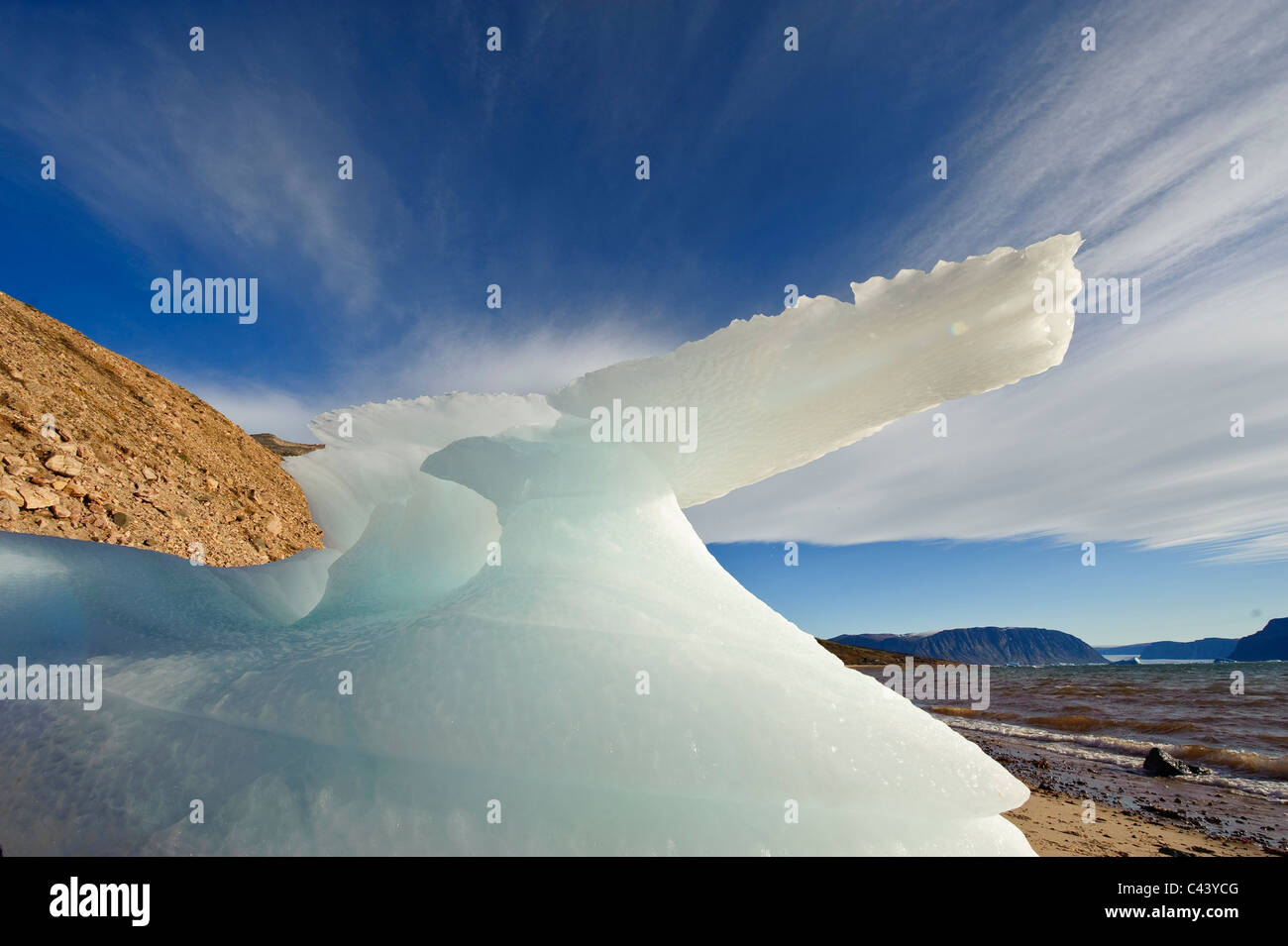 Greenland, Europe, Arctic Ocean, west coast, Siorapaluk, iceberg, beach, seashore, perspective, frog perspective, sea, shore, sa Stock Photo