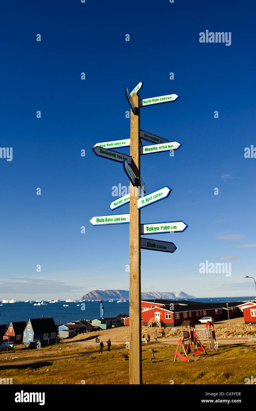 Greenland, Europe, Arctic Ocean, north, Qaanaaq, Thule, place, signpost, sign, shield, Tokyo, North Pole, New York, building, co Stock Photo