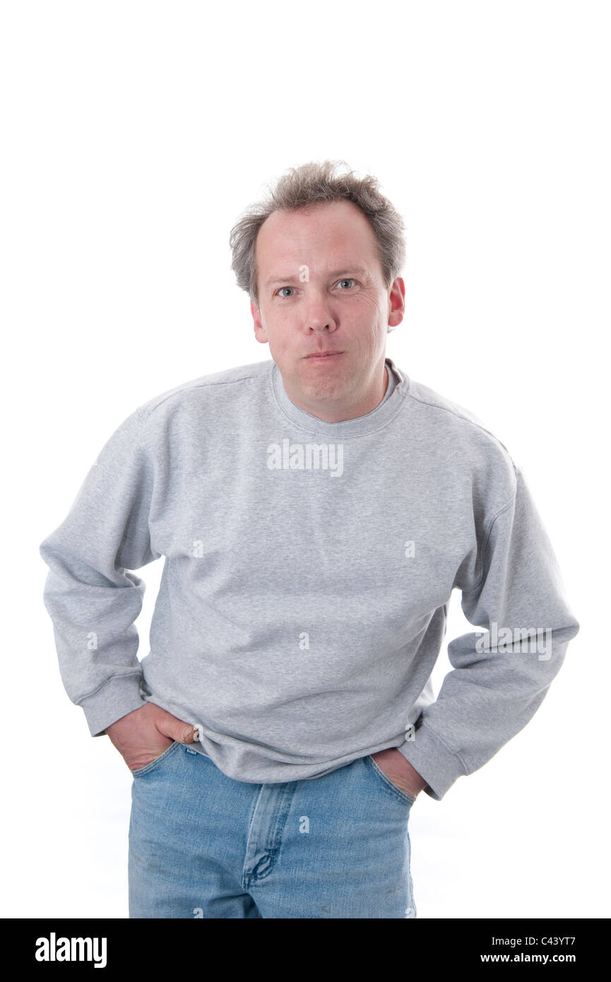 Studio shot, release, cut-out, background, white, man, portrait, standing, carelessly, sweatshirt, pullover, sweater, Jeans, han Stock Photo