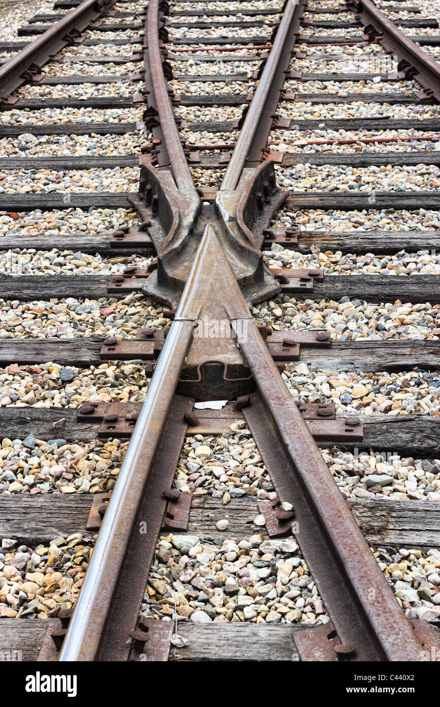 junction of two railway tracks merging into the same path Stock Photo Alamy