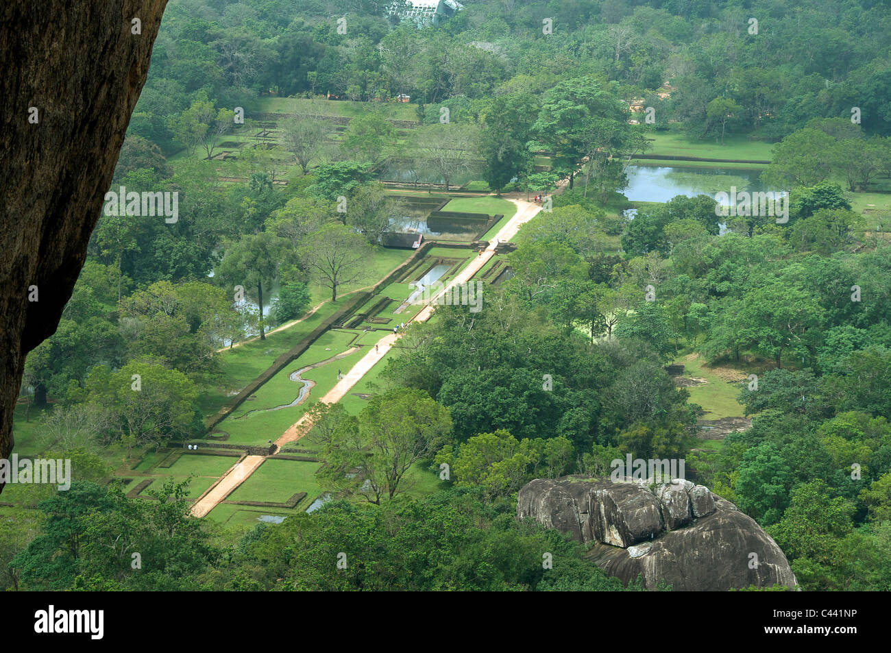 Terrace and water formal gardens below Sigiriya Rock Fortress Sri Lanka Stock Photo