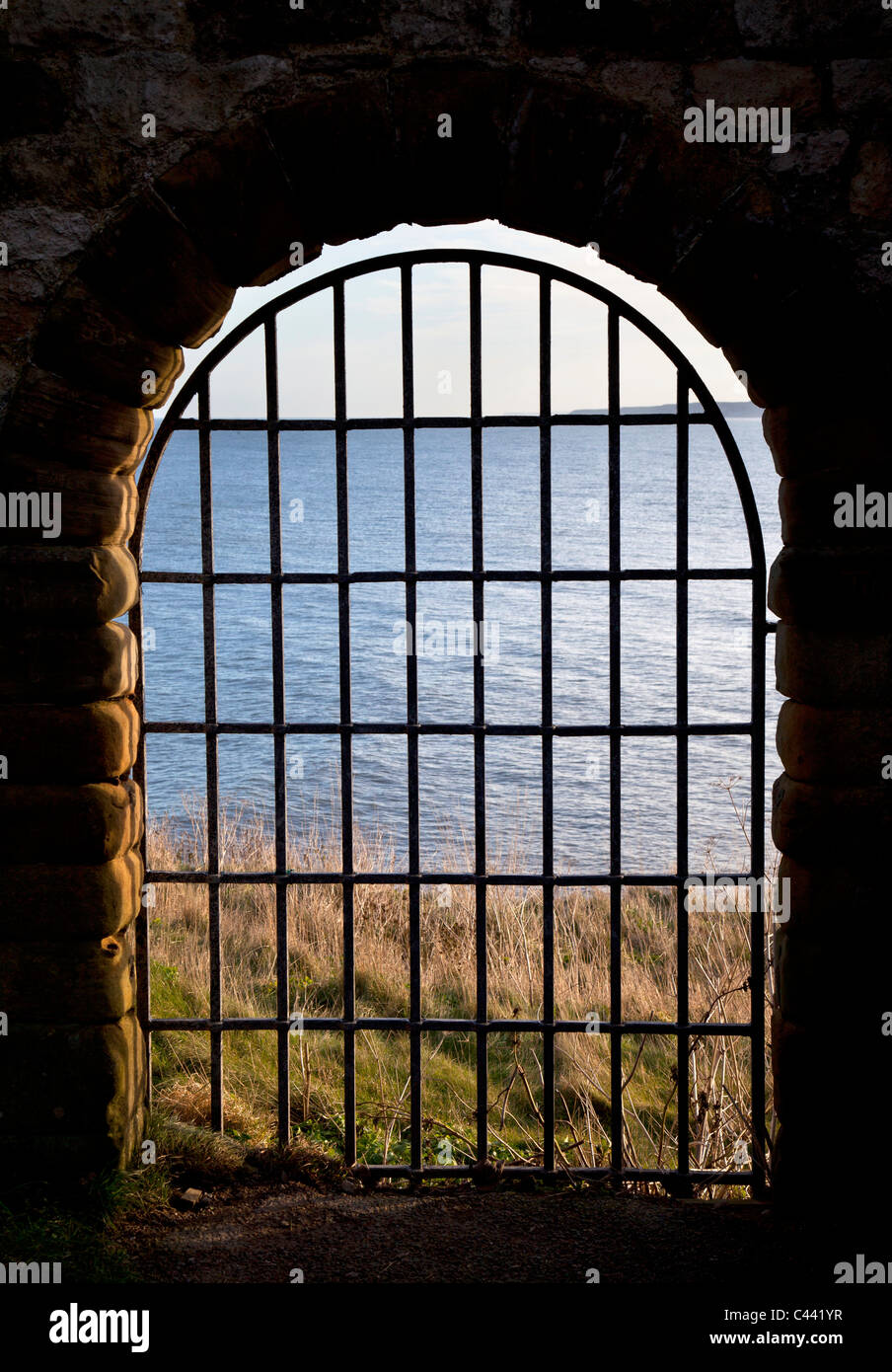 Sea view through iron gate, Scarborough
