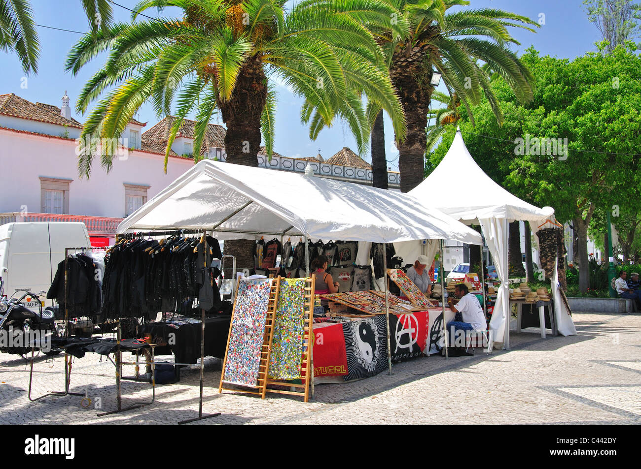 Waterfront jewellery stalls, Tavira, Tavira Municipality, Faro District, Algarve Region, Portugal Stock Photo