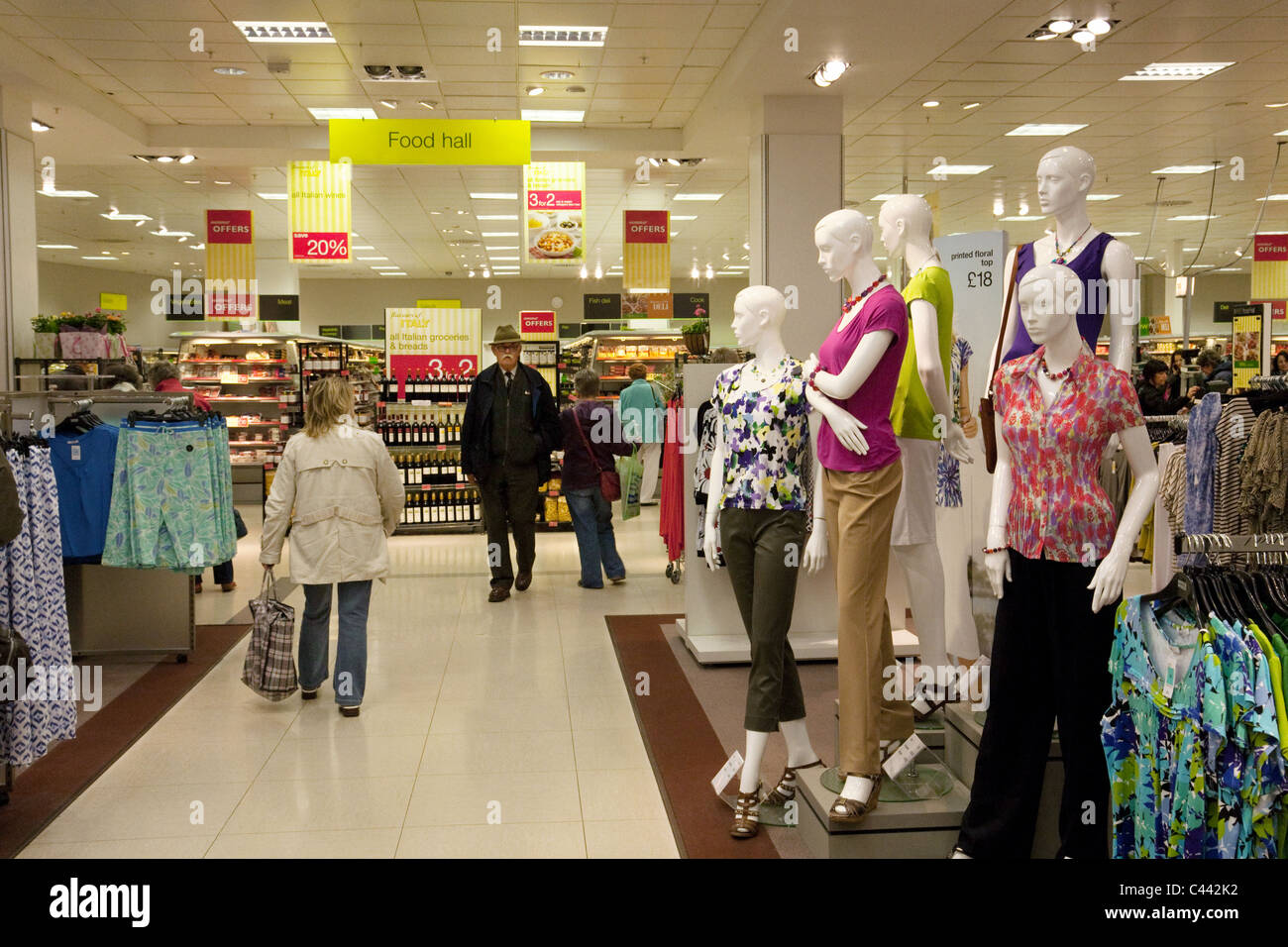 Marks and Spencer store, M&S Truro Cornwall, interior view, womenswear and food hall Stock Photo