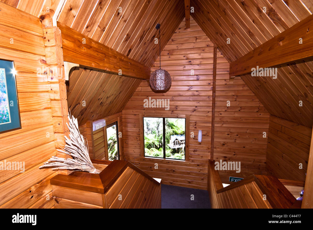 Wooden interior of mountain lodge. Fox Glacier Lodge, Fox Glacier, West
