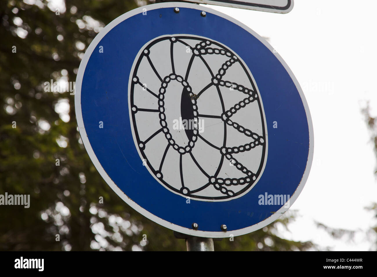A road sign for tire chains Stock Photo