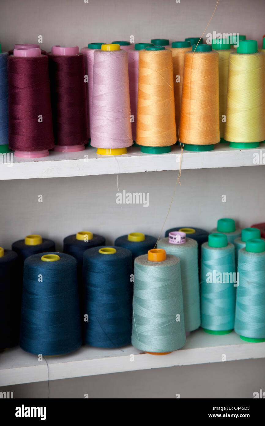 Spools of colored cotton thread on shelves Stock Photo