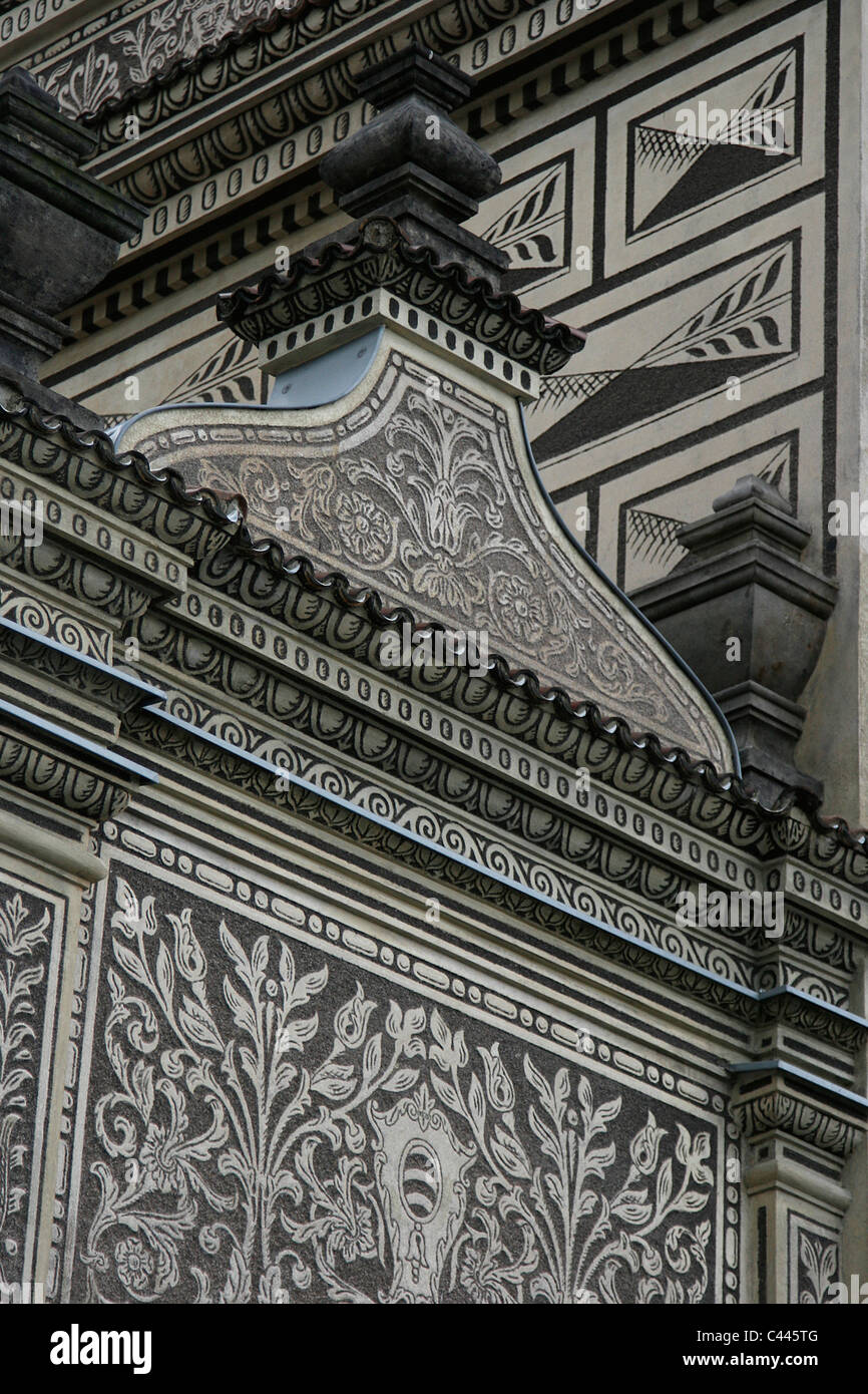 Black-and-white sgraffito facade of the Schwarzenberg palace in Prague, Czech Republic, Europe Stock Photo