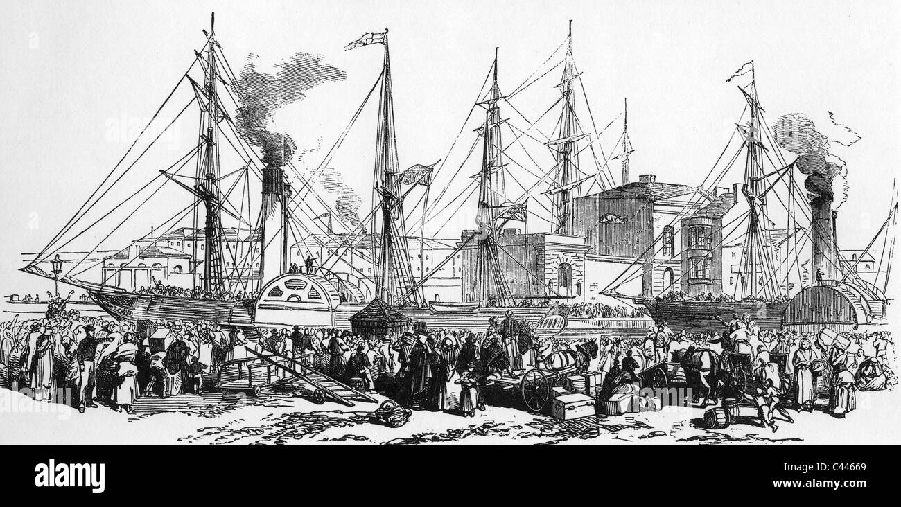 AMERICAN IMMIGRANTS embarking on steamships in Liverpool about 1840 Stock Photo