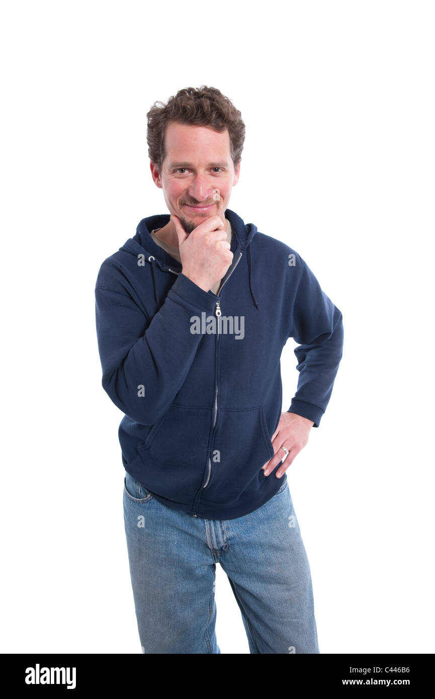 Studio shot, release, smile cut-out, background, white, portrait, man, consider thoughtfully, gesture, chin, sweatshirt, Jeans, Stock Photo