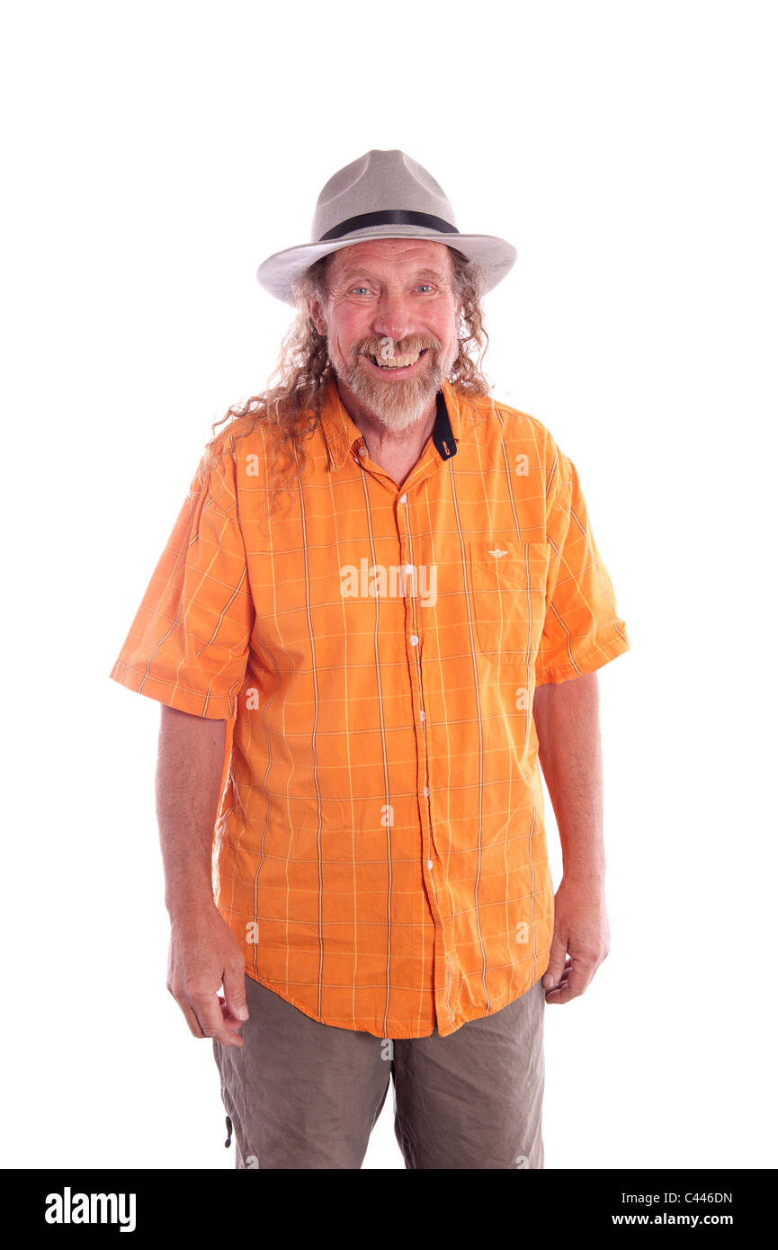 Studio shot, release, cut-out, background, white, portrait, man, shirt, orange, hat, look, glance, into camera, smile, happily, Stock Photo