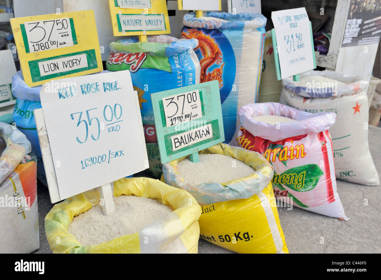 Rice sacks at Filipino market, Siquijor, Philippines Stock Photo