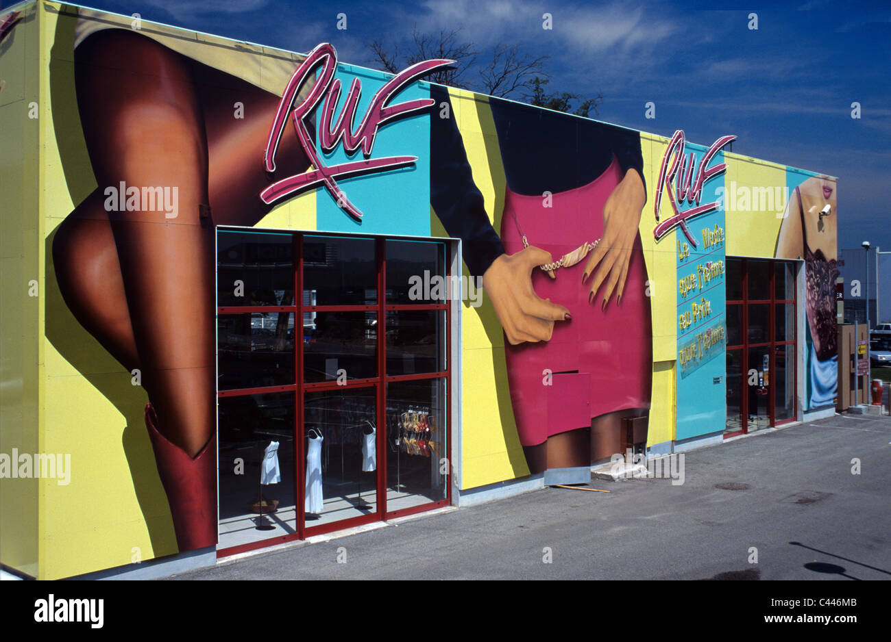Women's Clothes Shop Front, 'Ruf', Out of Town Store Front Painted with Women's Legs & Mini Skirt, Mandelieu-la-Napoule, France Stock Photo