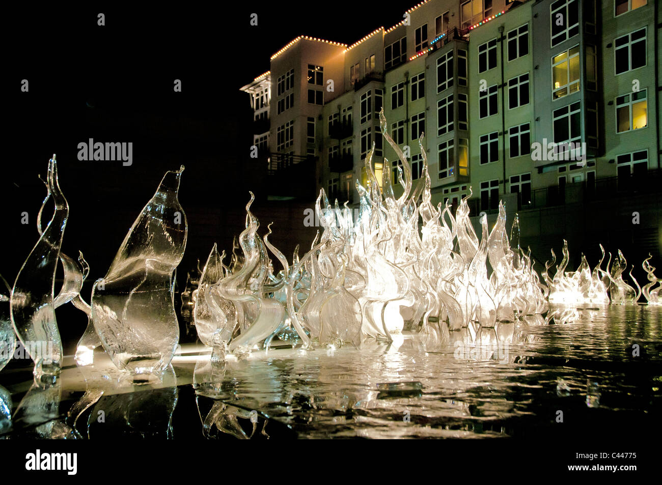 Museum of Glass, nighttime, Washington, sculptures, fountain, outdoors, night, dark