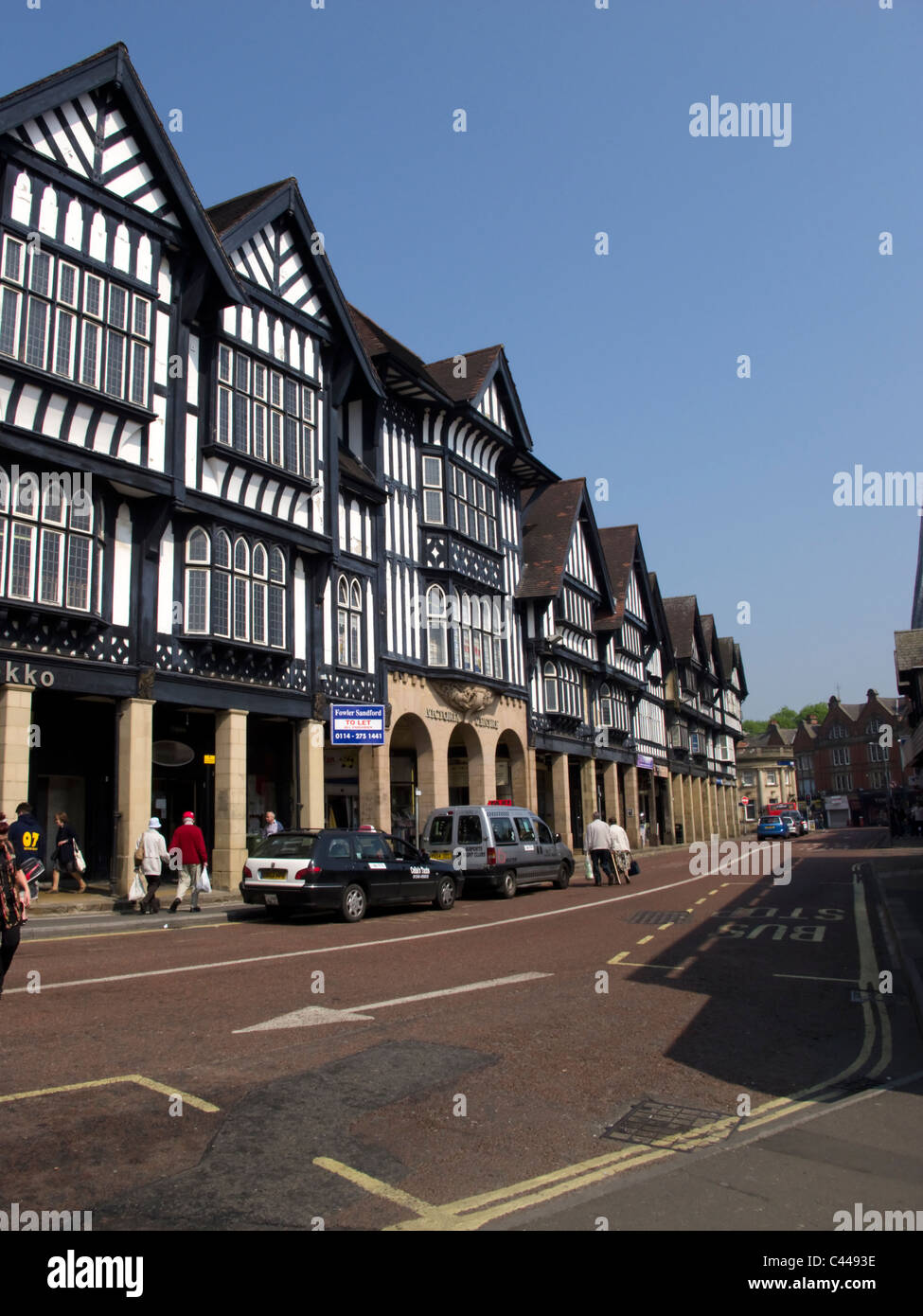 Black and white half timbered buildings in Chesterfield Town center