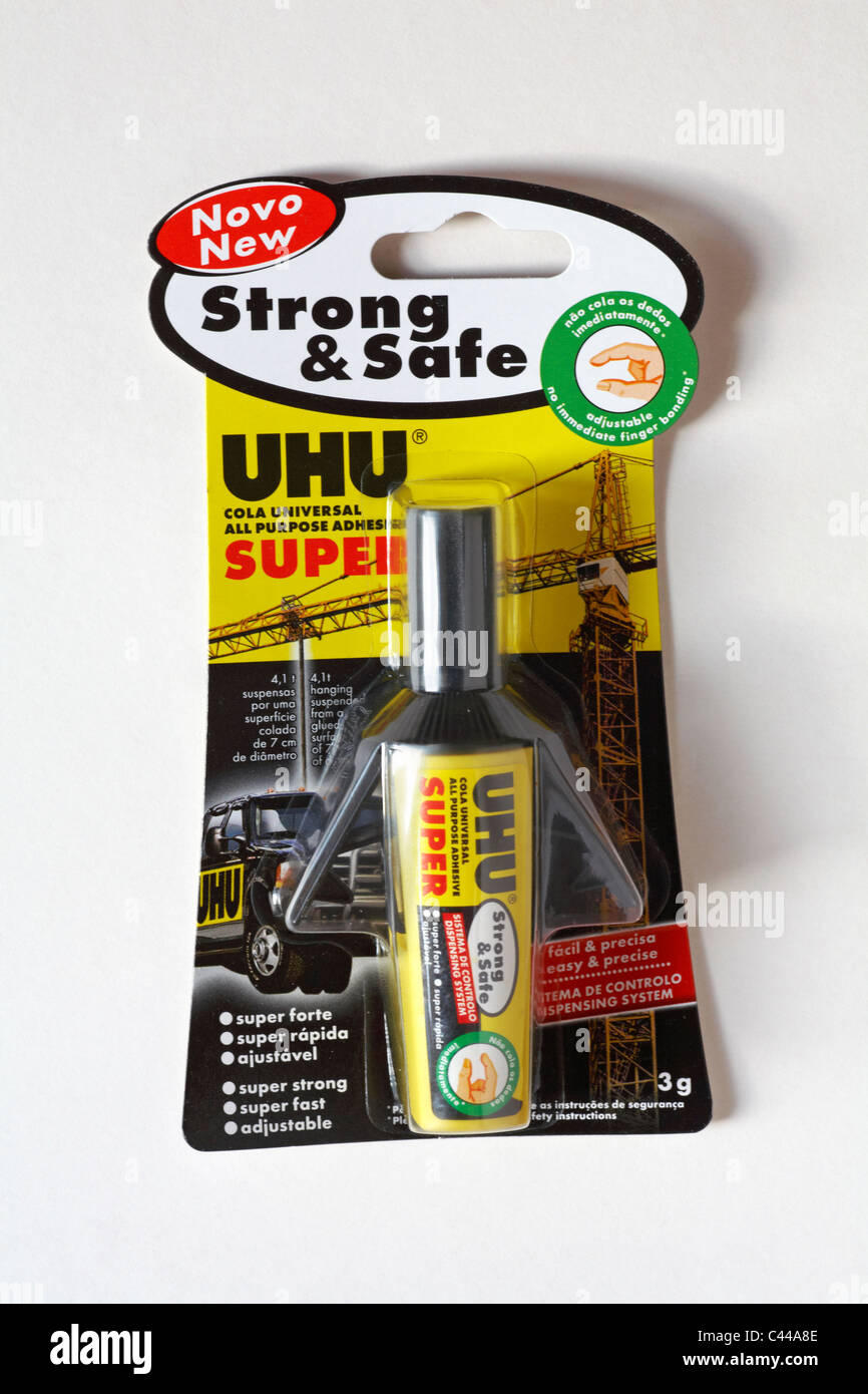 Packet of new Strong & Safe UHU Super glue isolated on white background Stock Photo