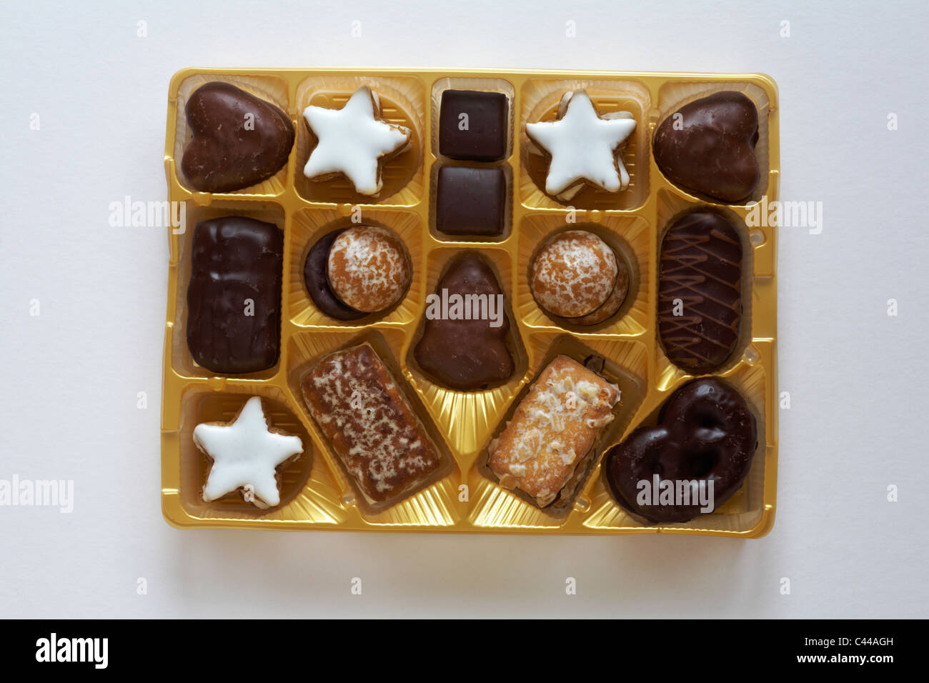 Box of Marks & Spencer Lebkuchen selection biscuits opened to show contents isolated on white background Stock Photo