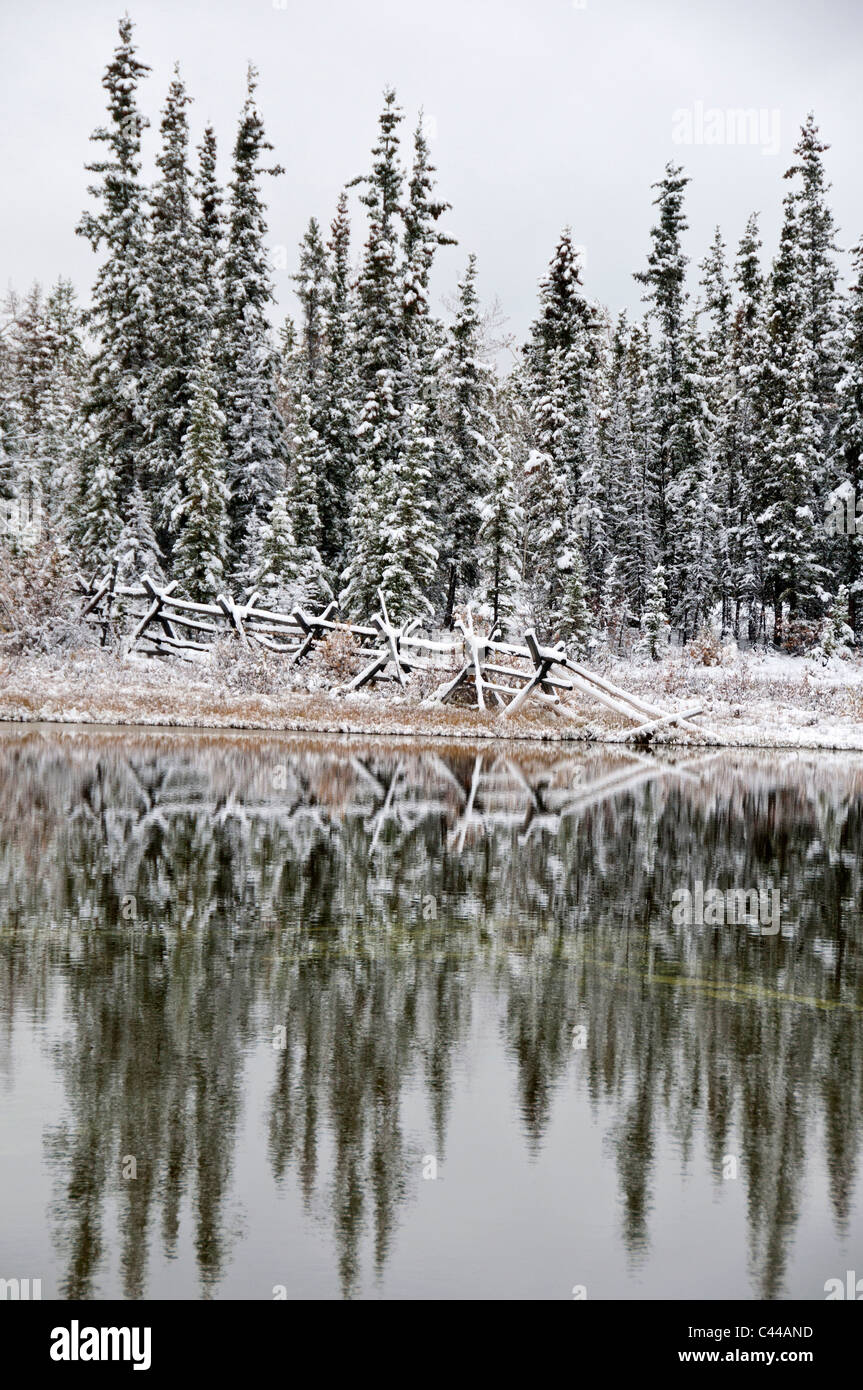 fence, reflection, lake, snow, Whitehorse, Yukon, Canada, North America, wood, nature, snow Stock Photo