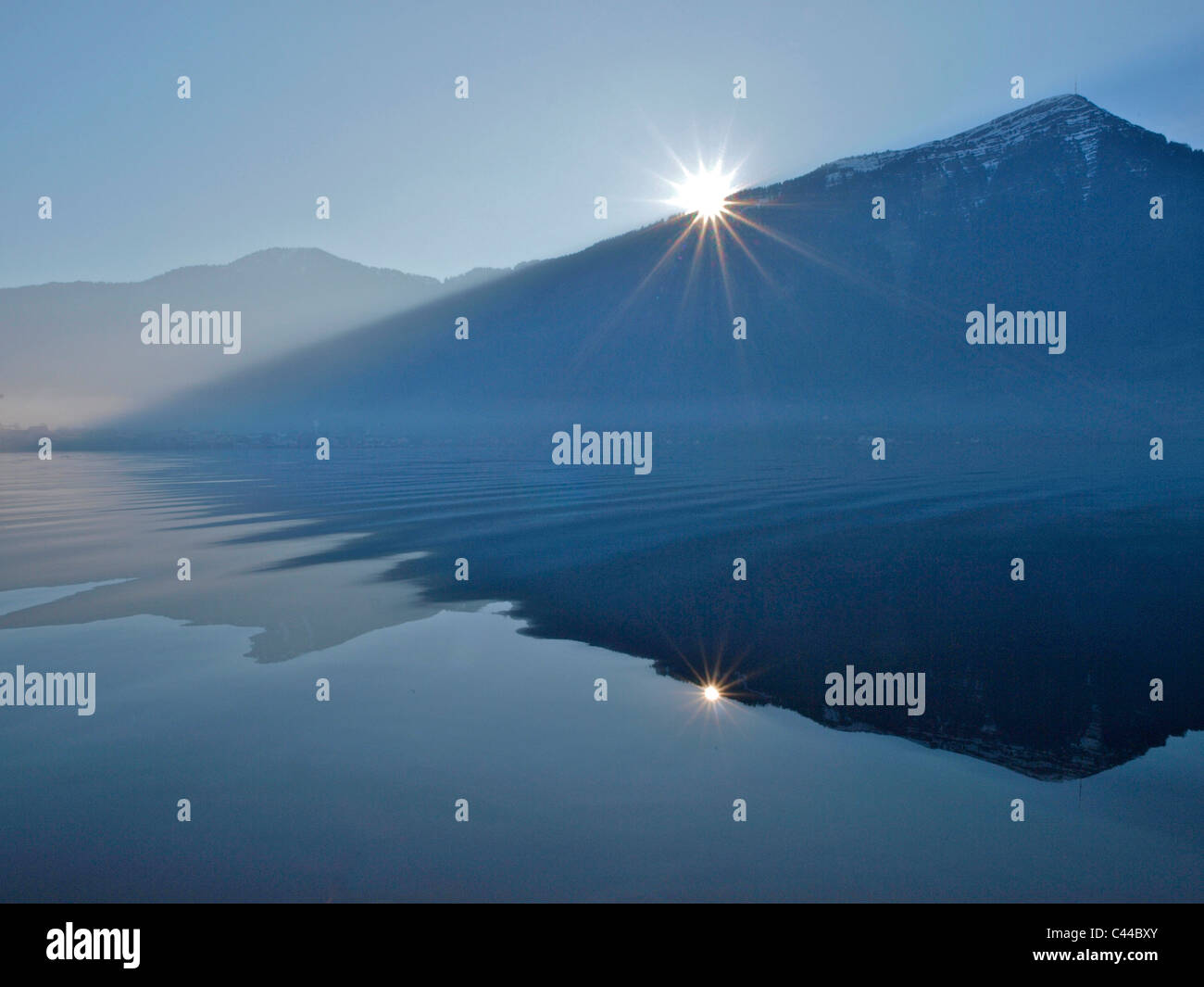 Mountain, blue, Rigi, sun, waters, lake of Zug, Switzerland, canton Zug, reflection Stock Photo