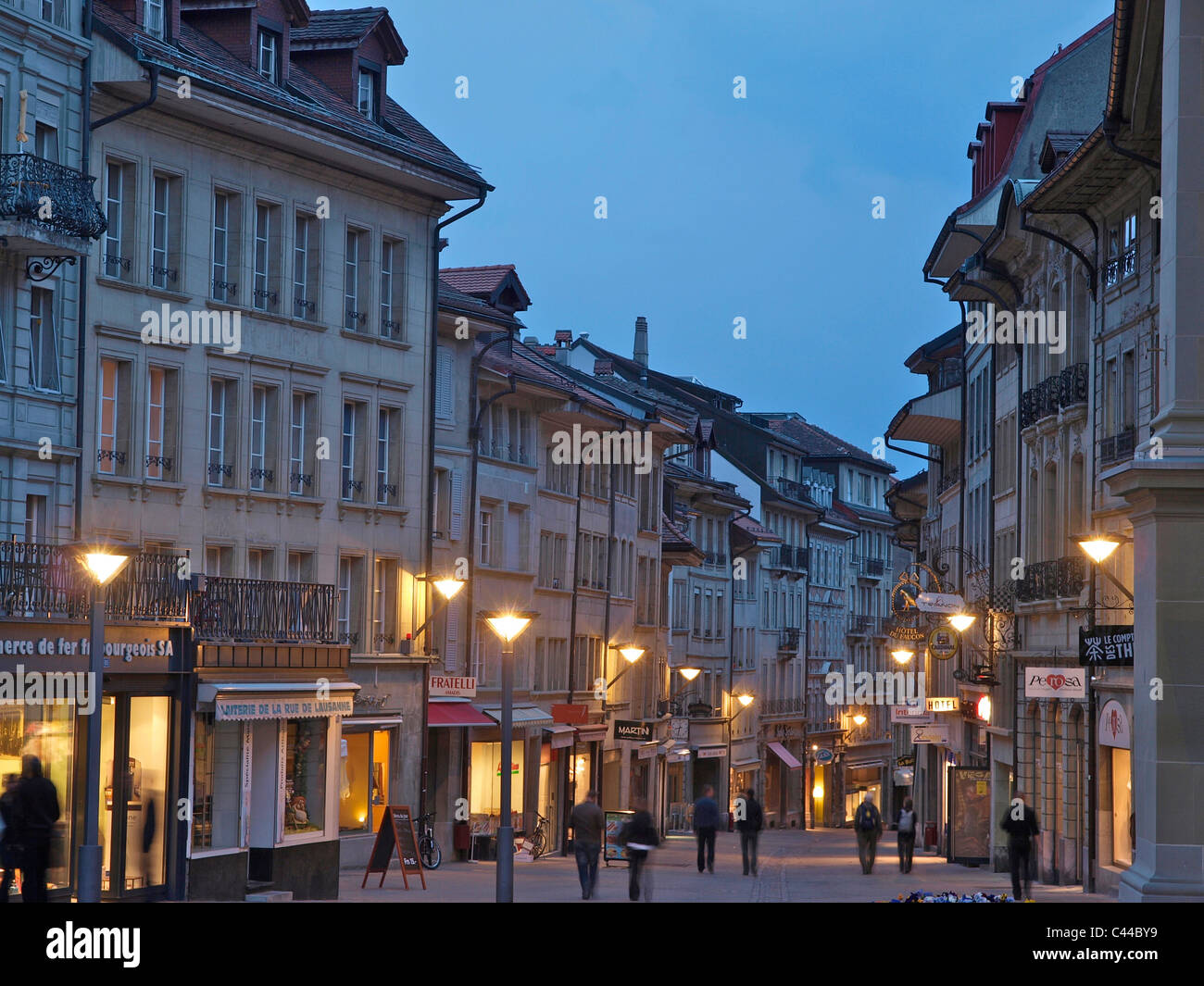 Evening, Old Town, Fribourg, people, street, lights, town, city, canton Freiburg, Switzerland, Stock Photo