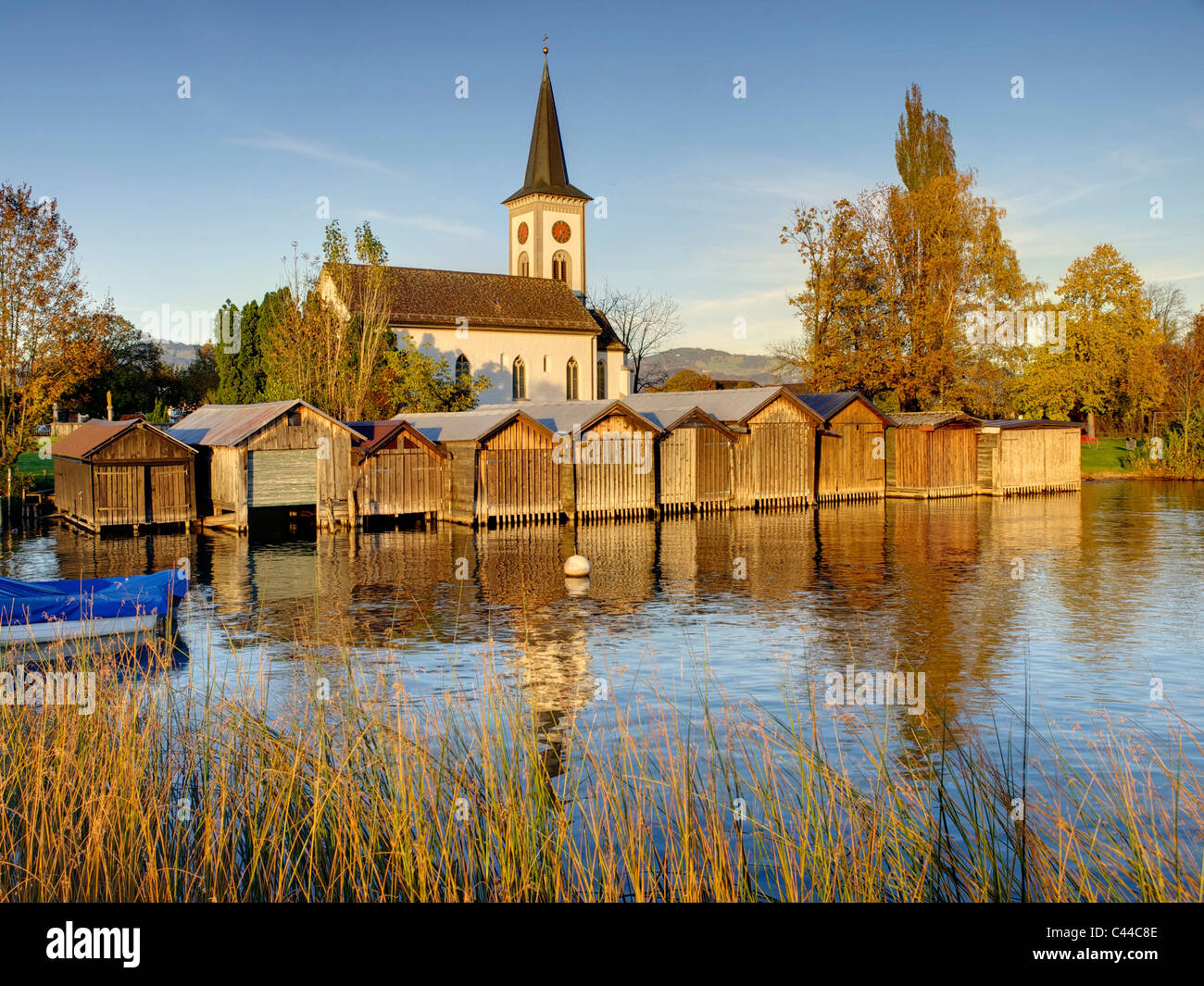 Bus church church, Jona, canton St. Gallen, Switzerland, SG, boat houses, Zurich lake, lake, sea, Stock Photo