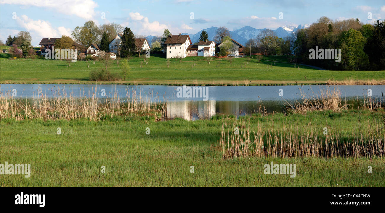 Farms, mountains, scenery, Lutzelsee, nature, panorama, horizontal format, day, water, Switzerlaqnd, panorama, Stock Photo
