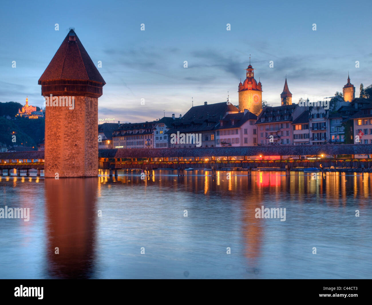 Evening, geraniums, hotel, Gutsch, chapel bridge, bridge, lights, Lucerne, Switzerland, Reuss, towers, rooks, Lucerne, Switzerla Stock Photo